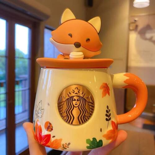 星ba杯子枫叶萌兔杯盖造型陶瓷马克杯防尘咖啡杯可爱水杯送礼