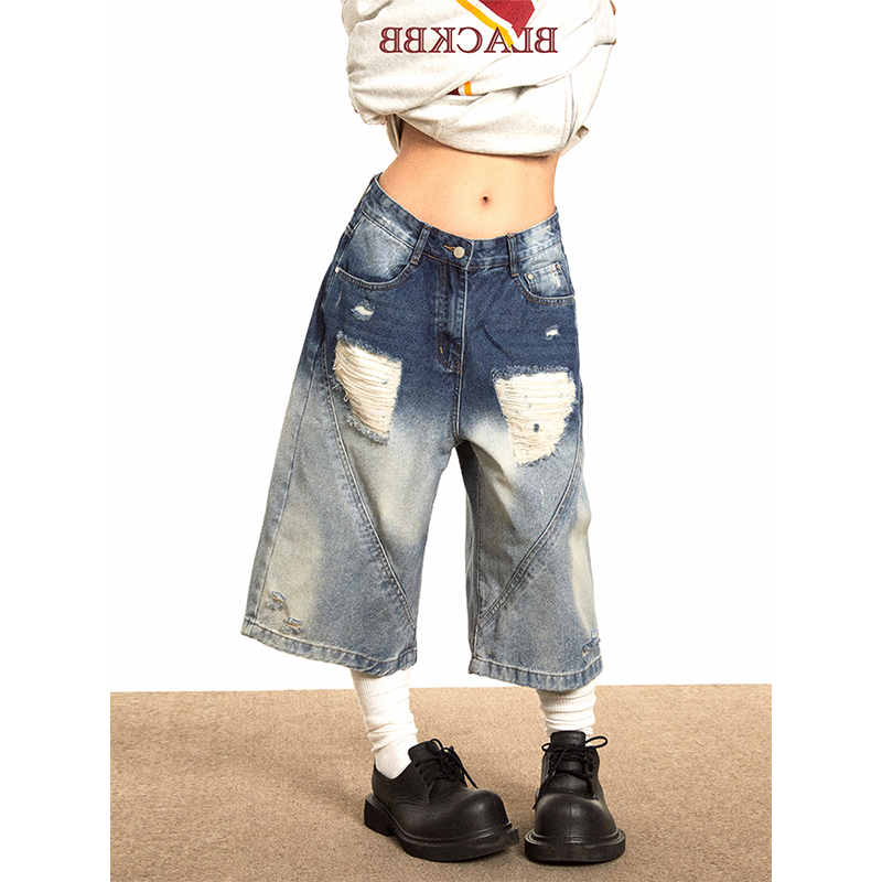 美式复古水洗宽松破洞牛仔短裤