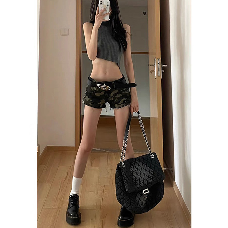 雯雯小超人 辣妹毛边迷彩牛仔超短裤女2025夏季新款高腰弹力热裤