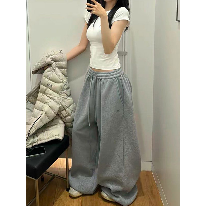 美式宽松刺绣加绒加厚休闲卫裤女2025秋冬新款直筒阔腿运动长裤子,女装/女士精品,休闲裤,淘宝优惠券,粉丝福利购,淘宝优惠卷