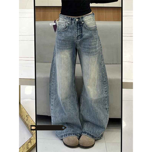 宽松直筒阔腿长裤 美式 新款 女2026春季 子 复古水洗竹节纹弯刀牛仔裤
