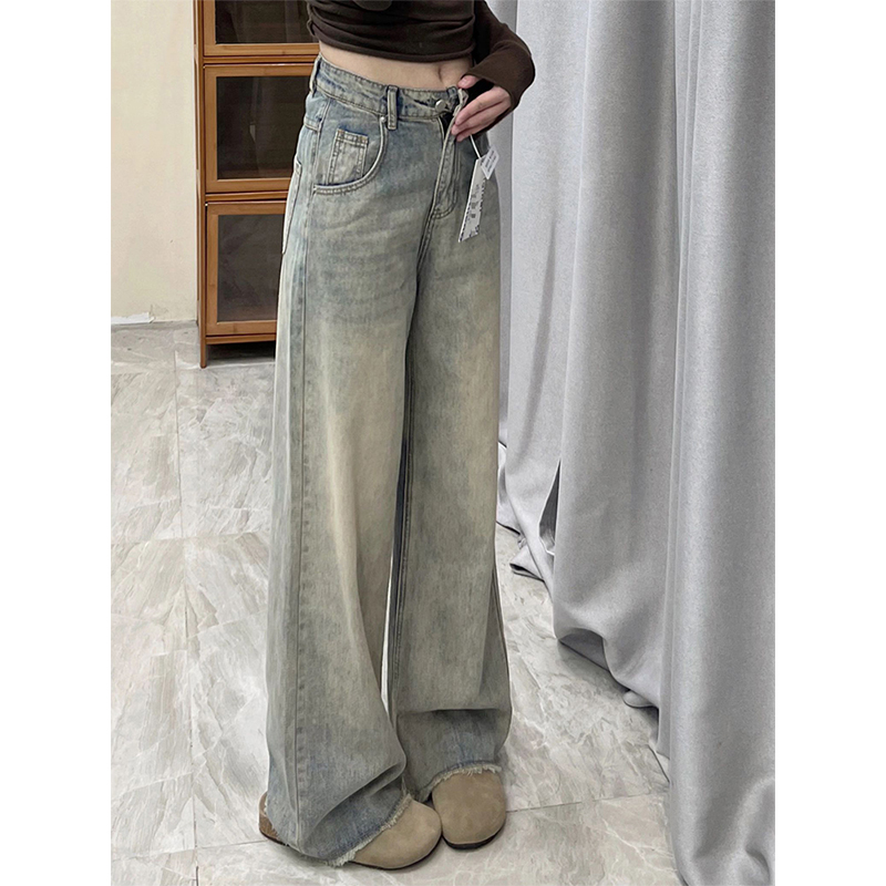 复古水洗毛边牛仔裤女