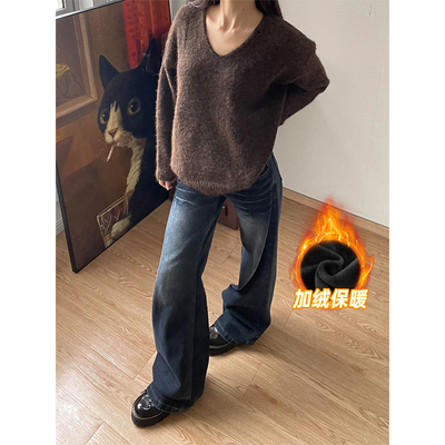 复古水洗加绒加厚微喇叭牛仔裤