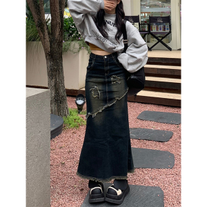 雯雯小超人 复古毛边鱼尾牛仔长裙女2024春季新款高腰显瘦半身裙