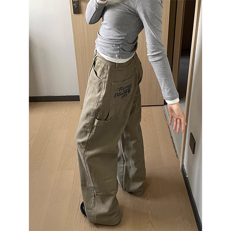 美式复古宽松刺绣工装牛仔裤