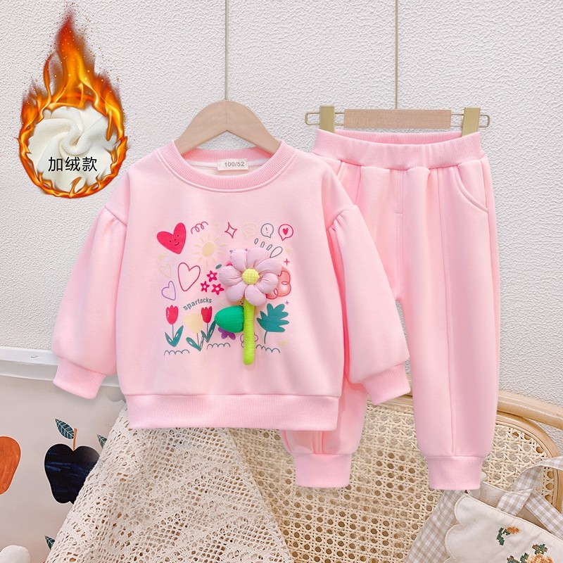 女童冬装新款洋气加绒卫衣女宝宝加厚保暖衣服秋冬季公主儿童套装