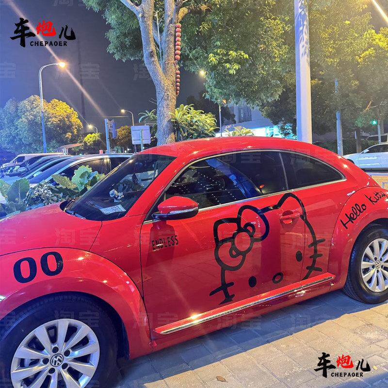 适用大众甲壳虫个性卡通kitty猫车贴纸 大众Polo高尔夫特斯拉拉花