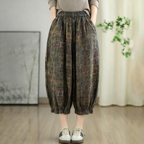 民族风碎花九分女灯笼哈伦裤