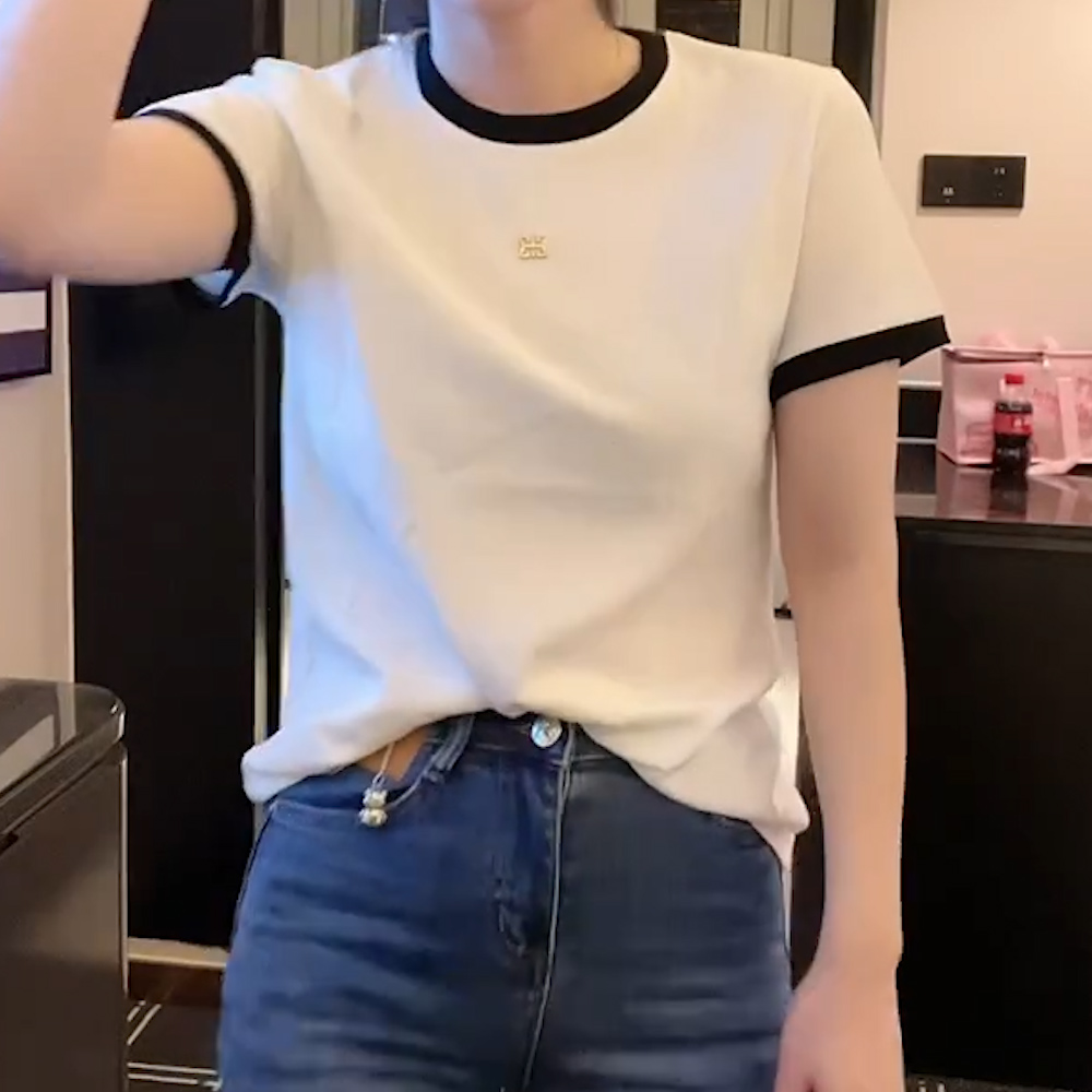 ins短袖女2025夏季新款简约白色t恤韩范修身圆领上衣拼接打底衫