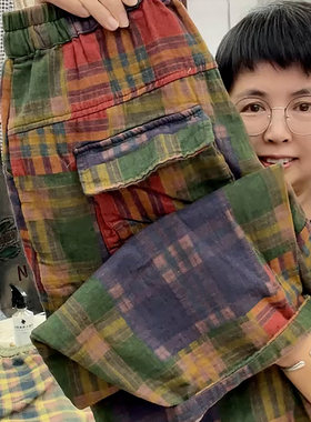 夏季薄款复古格纹阔腿哈伦裤女