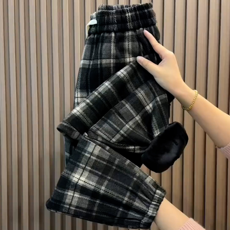 秋冬加绒保暖韩版格子九分束脚裤