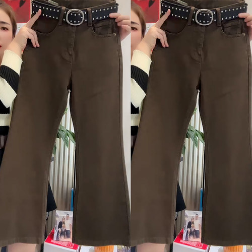 摩卡棕牛仔高腰微喇裤女春秋