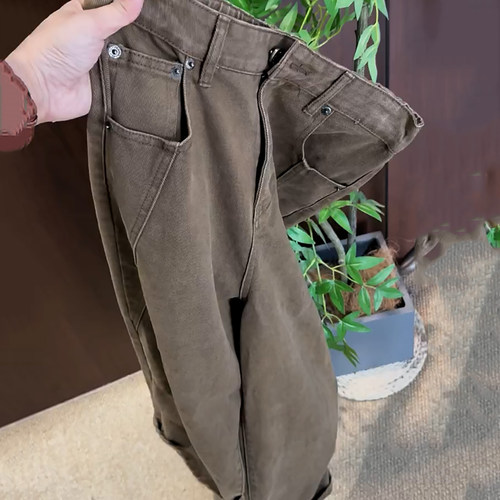 卡其色阔腿牛仔裤女宽胯梨型