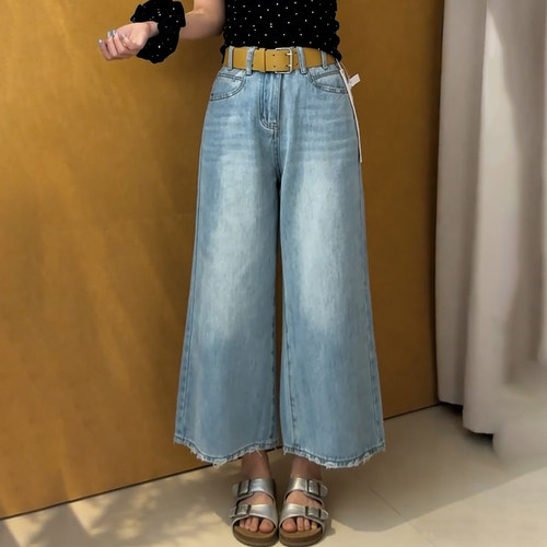 浅蓝九分阔腿牛仔裤女小个子显瘦