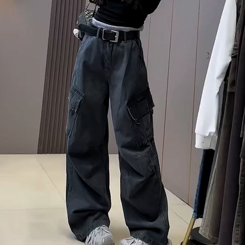 秋季高腰显瘦美式工装阔腿牛仔裤