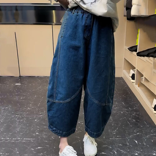 复古蓝弯刀九分哈伦牛仔裤女