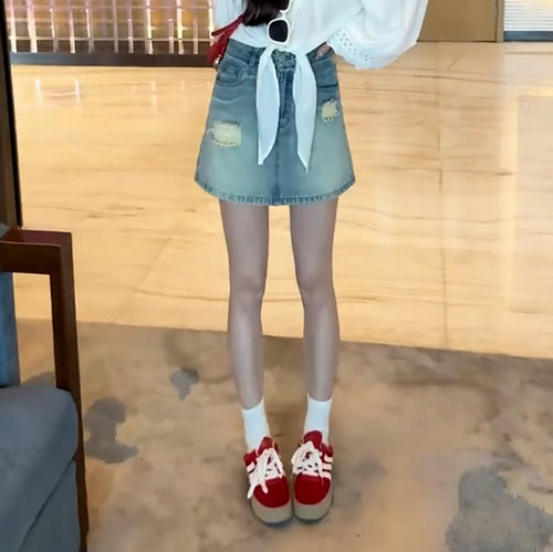 夏韩版破洞牛仔A字高腰显瘦短裙