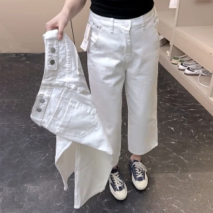牛仔裤 2026年春夏季 爆款 高腰休闲工装 女纯色纽扣设计感九分阔腿裤
