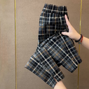 加厚气质九分哈伦裤 新款 秋冬季 休闲显瘦遮肉松紧高腰韩版 女 格子裤