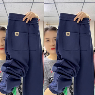 保暖防风九分束脚休闲裤 高腰R标时尚 女秋冬款 一体宝宝绒加厚卫裤