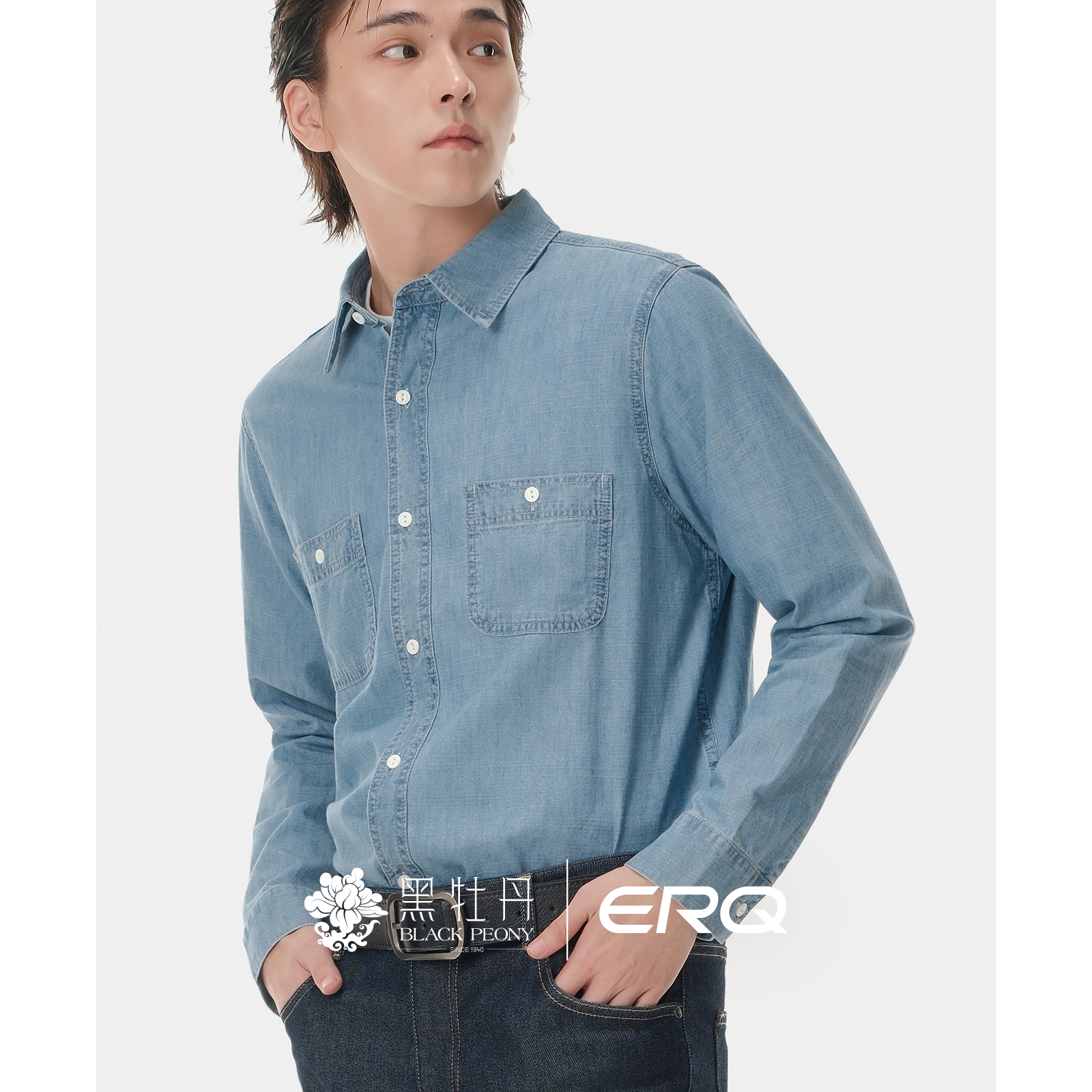 ERQ黑牡丹纯棉牛仔衬衫