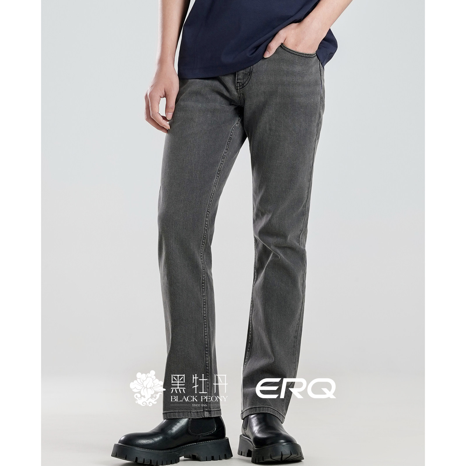 ERQ902合体直筒男春夏牛仔裤弹力黑灰休闲商务