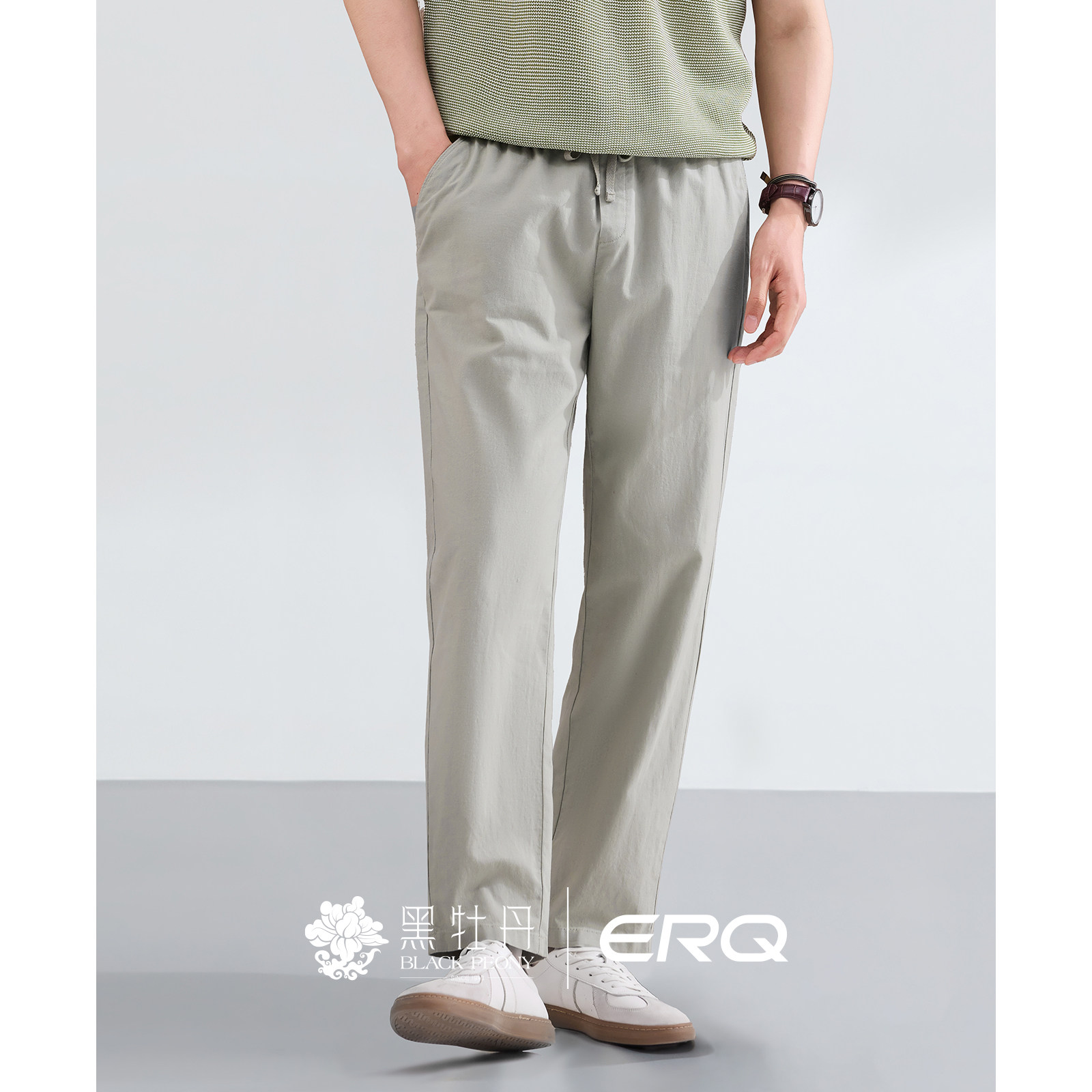 ERQ[棉麻松紧腰]902男士宽松休闲裤抽绳春夏薄款直筒户外商务透气