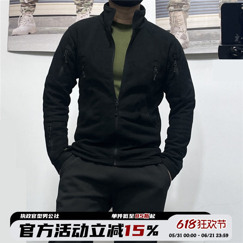 春秋男户外战术抓绒衣保暖摇粒绒开衫冲锋衣内胆弹力修身外套黑色