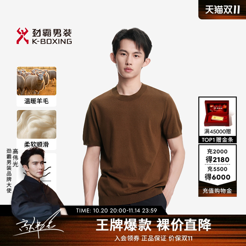 劲霸男装男士毛衣秋冬时尚短袖T恤打底衫圆领羊毛混纺休闲针织衫