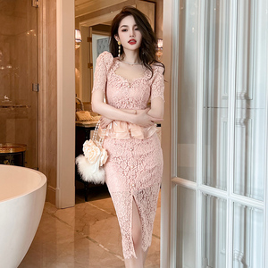 时尚假两件蕾丝连衣裙女洋气显瘦高级感名媛轻奢女神范开叉包臀裙