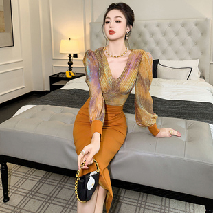 扎染撞色设计师款包臀连衣裙秋季时尚穿搭高级感气质名媛修身裙子