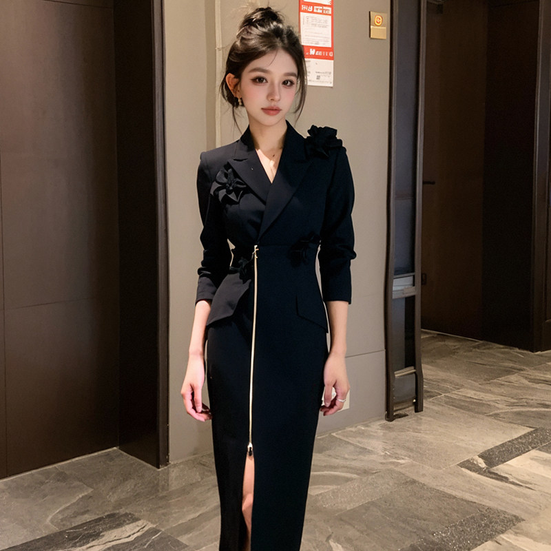 时尚穿搭赫本风正式场合西装连衣裙通勤OL高级感显瘦开叉职业裙子