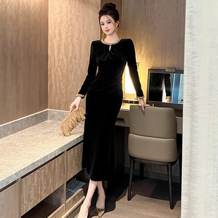 时髦洋气名媛风复古修身包臀连衣裙优雅高端欧洲站长袖丝绒晚礼服