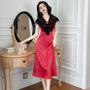 法式假两件拼接蕾丝连衣裙2026新款高腰修身遮肚子胖mm显瘦A字裙