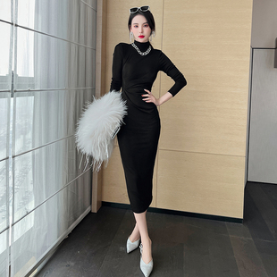 黑色针织高领连衣裙女装修身内搭打底裙气质中长款褶皱收腰包臀裙