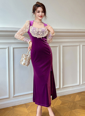 紫色丝绒设计感拼接晚宴礼服裙高端轻奢小众开叉蕾丝长袖连衣裙女