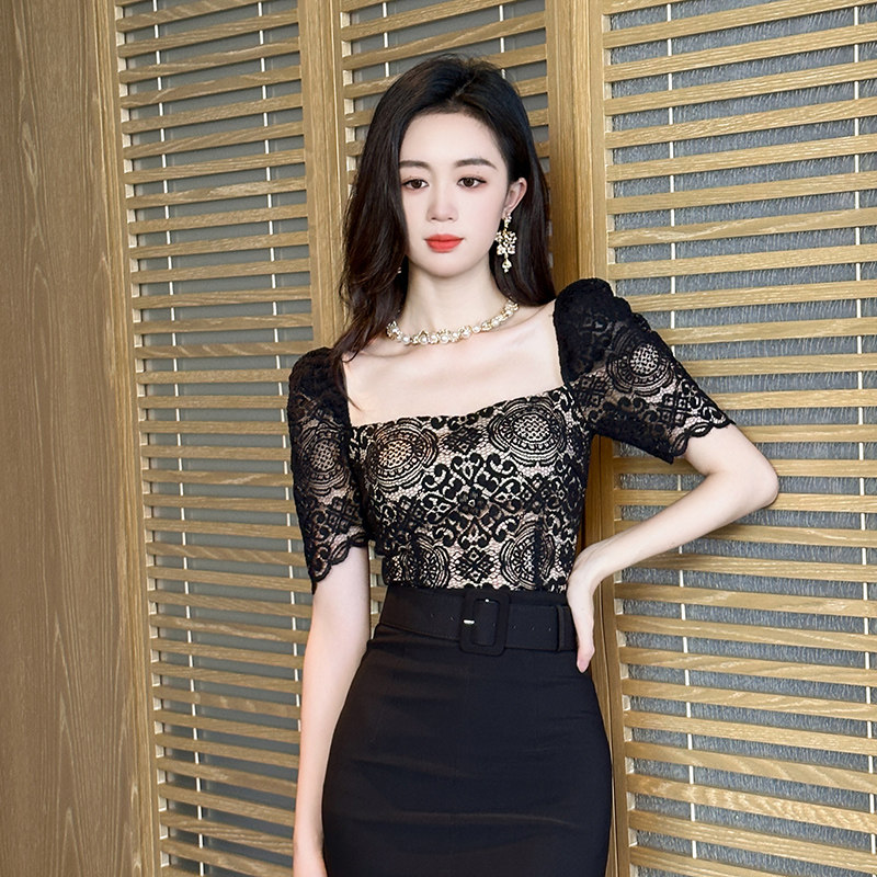 洋气显瘦小心机蕾丝衫优雅气质高端小个子时髦泡泡袖镂空短款上衣