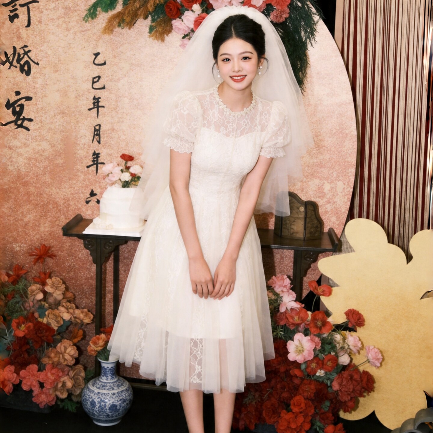 订婚宴网纱泡泡袖连衣裙