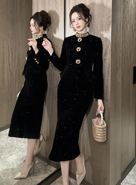 高端精致千金风年会晚宴礼服连衣裙小众设计重要场合亮片丝绒长裙