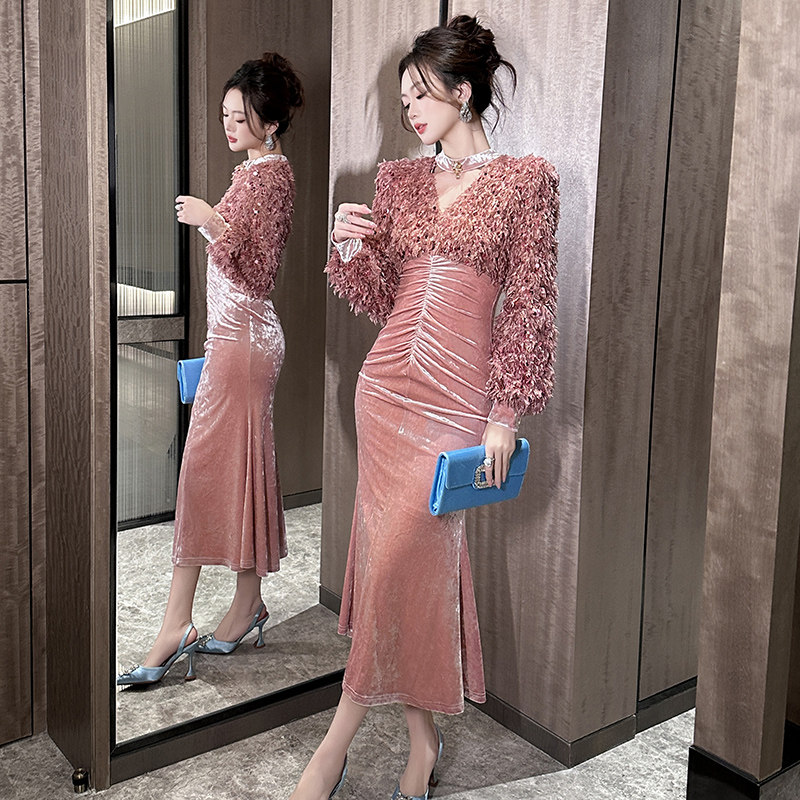 独特别致设计师漂亮鱼尾连衣裙冬季拼接亮片名媛风修身包臀长裙女