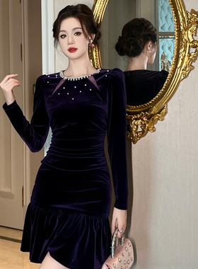 紫色纯欲风气质女神丝绒连衣裙法式宴会落落大方优雅荷叶边短裙女