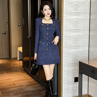 时尚炸街小香风连衣裙秋冬收腰显瘦粗花呢短款方领气质职业a字裙