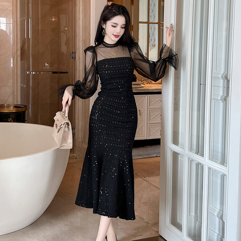 蕾丝网纱喇叭袖镂空包臀鱼尾裙性感气质高级感亮片赫本风连衣裙女,女装/女士精品,连衣裙,淘宝优惠券,粉丝福利购,淘宝优惠卷