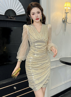 富家千金泡泡袖包臀连衣裙女装小个子显高收腰褶皱遮肚子亮片裙子