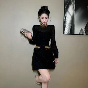 时尚高级感名媛千金风长袖连衣裙女气质显高小个子轻奢显瘦小黑裙