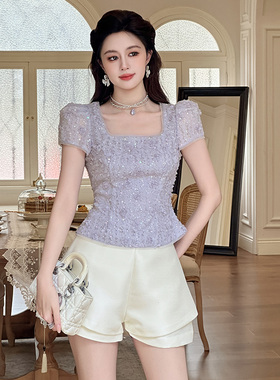 气质名媛风亮闪闪精致绣花上衣女高端大气上档次掐腰方领紫色t恤