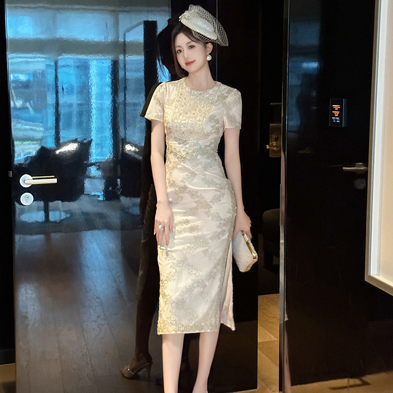 端庄优雅新中式蕾丝连衣裙女夏季性感轻奢高级感淑女超仙包臀裙子
