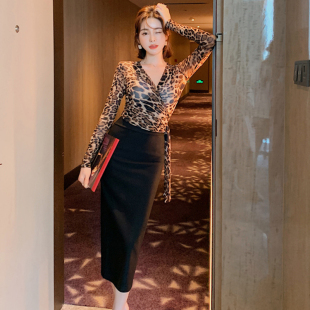 时尚豹纹上衣黑色半身裙两件套秋装搭配一整套洋气时髦遮肉套装女
