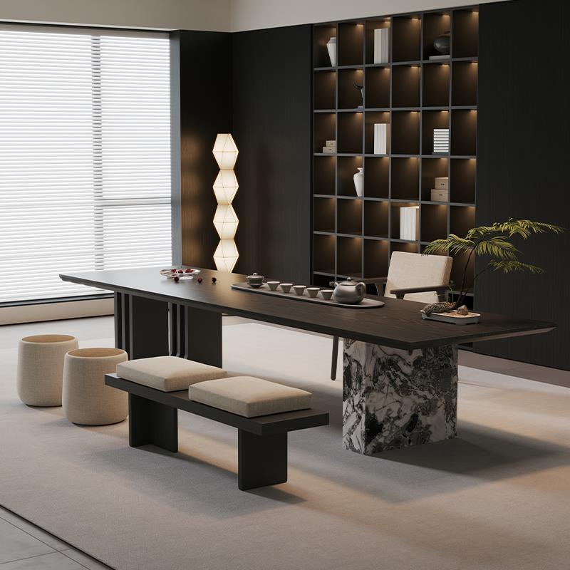 意式极简岛台黑色茶桌实木大板茶台办公室家用客厅轻奢2025新款