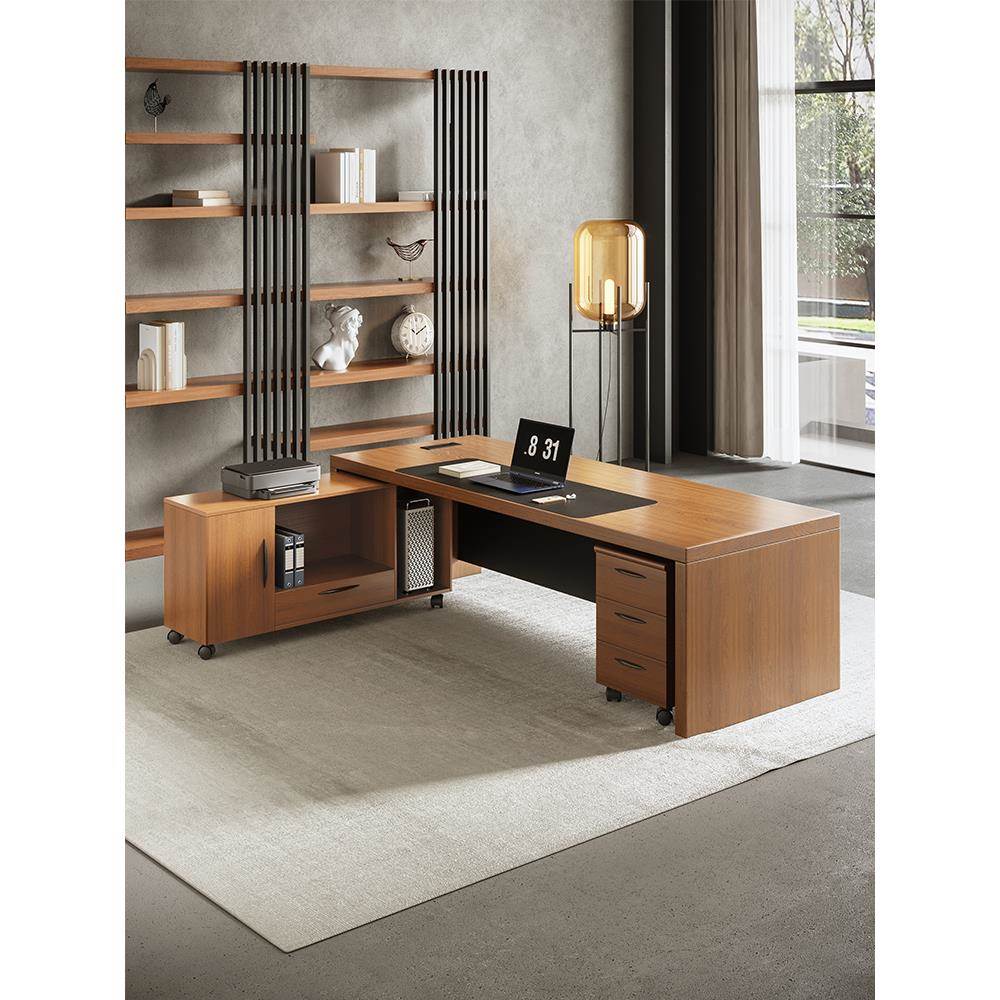 实木大班台办公桌2025现代简约轻奢高级感董事长老板桌带活动侧柜